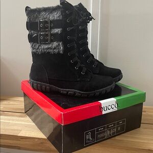 Bucco Phineas Black Fur-Trimmed Lace-Up Boots Size 8